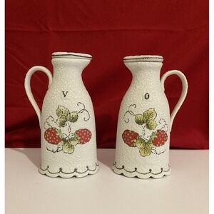 Textured Finish Ceramic Oil & Vinegar Cruet Set Strawberry Motif Vtg White MCM